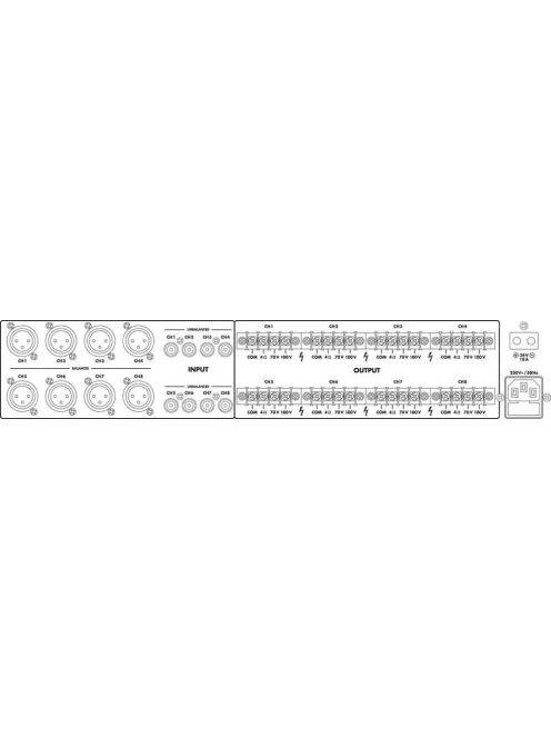 Monacor PA-1850D, 8 csatornás D osztályú erősítő, 100V