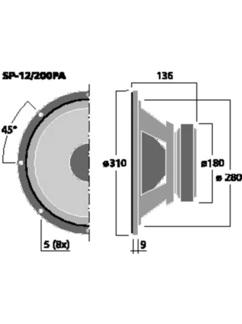 Monacor SP-12/200PA, PA mélyközépsugárzó, 400Wmax, 8Ω