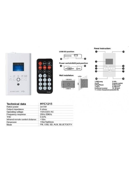 Media Player – MP3 / USB / SD / FM / BlueTooth / AUX média lejátszó, 2 x 15 W